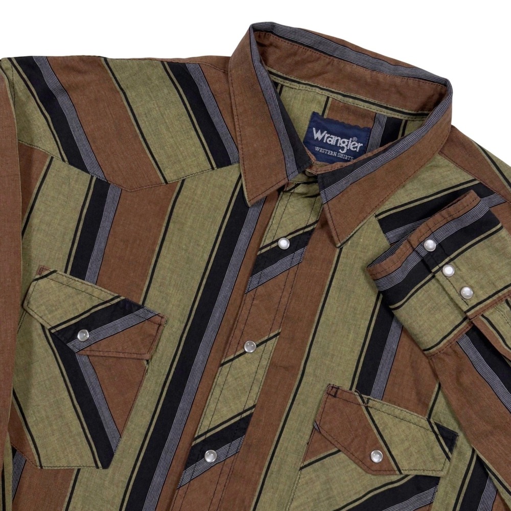 Wrangler Western Shirt Men XL TALL  17.5 x37 Brown Green Stripe Pearl Snap Rodeo